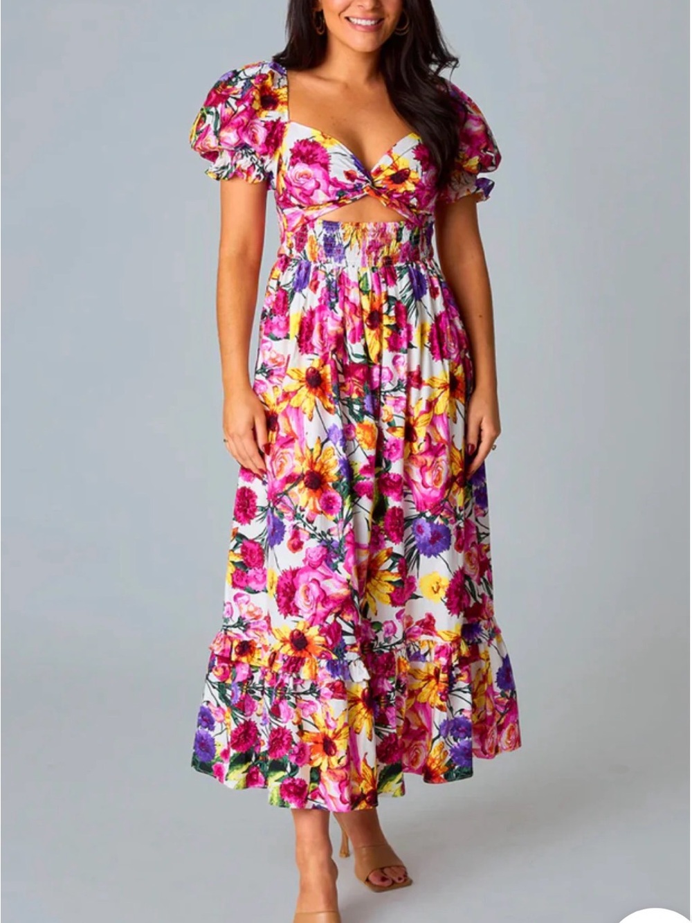 Buddy Love Floral Cutout Maxi Dress in Pink, Yellow & Purple